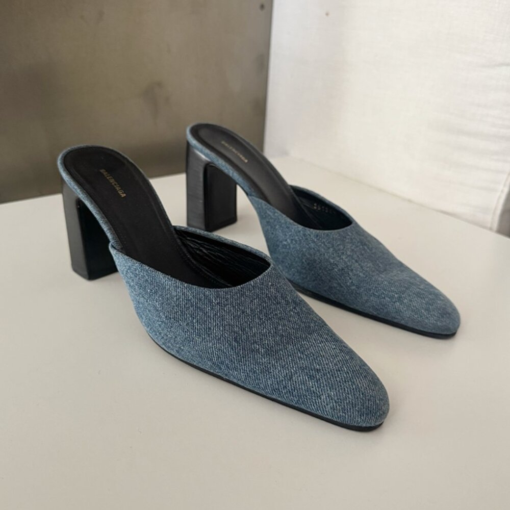 Balenciaga Denim Mules – Block Heel / Rounded Toe / Rare Style